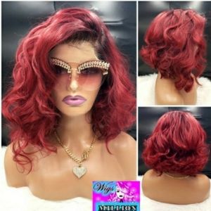 Faye" free part 13x4 Heat Resistant Burgundy Wavy Lace Frontal Bob Wig, Syntheti